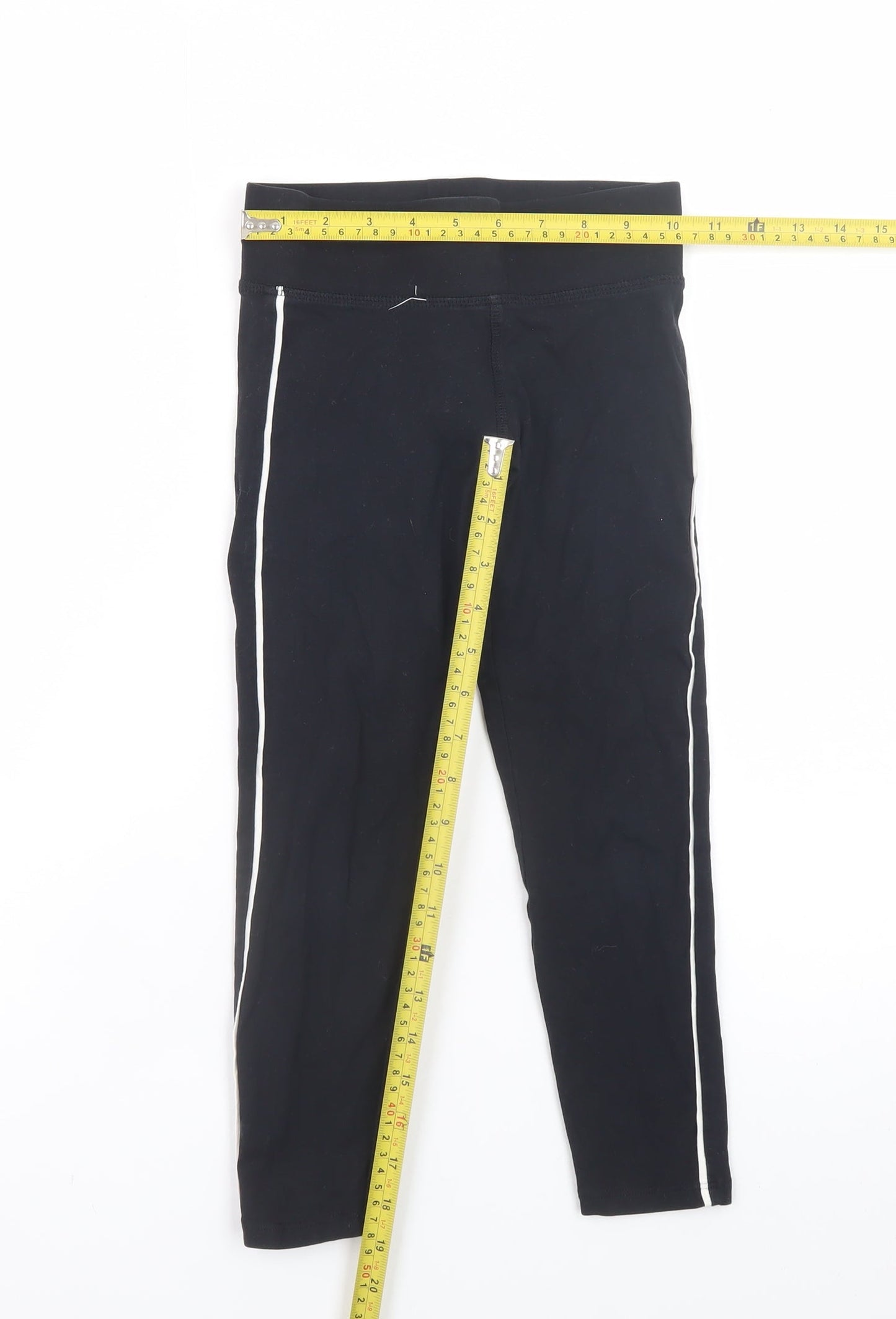 Marks and Spencer Girls Black Ankle Leggings 7 Years Cotton Stretch Side Stripe