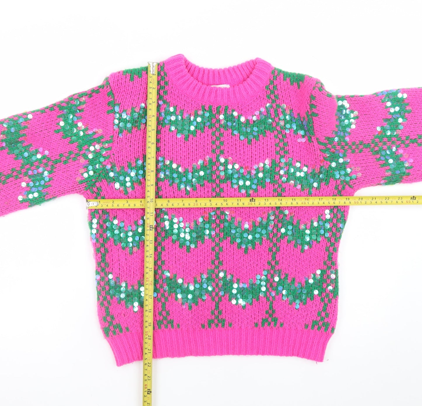 Savida Womens Pink Green Sequin Knit Jumper Medium