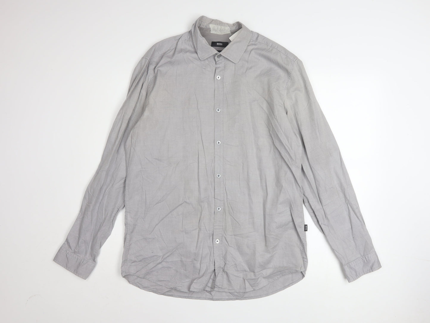 Hugo Boss Men's Grey Regular Fit Cotton Button-Up Shirt L
