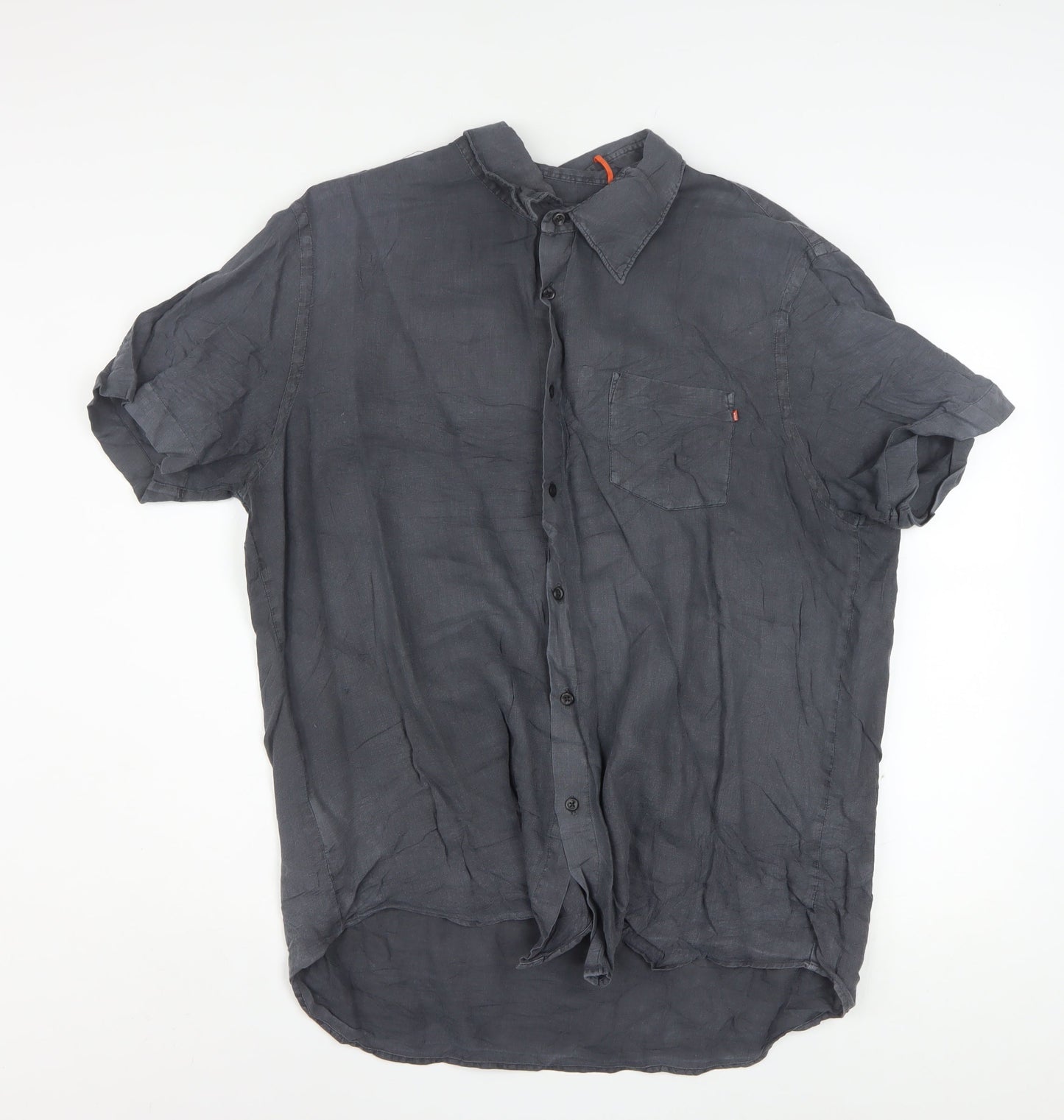 Hugo Boss Men's Grey Linen Short Sleeve Button-Up Shirt XL