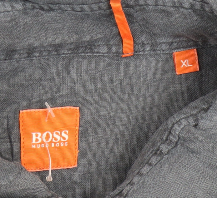 Hugo Boss Men's Grey Linen Short Sleeve Button-Up Shirt XL