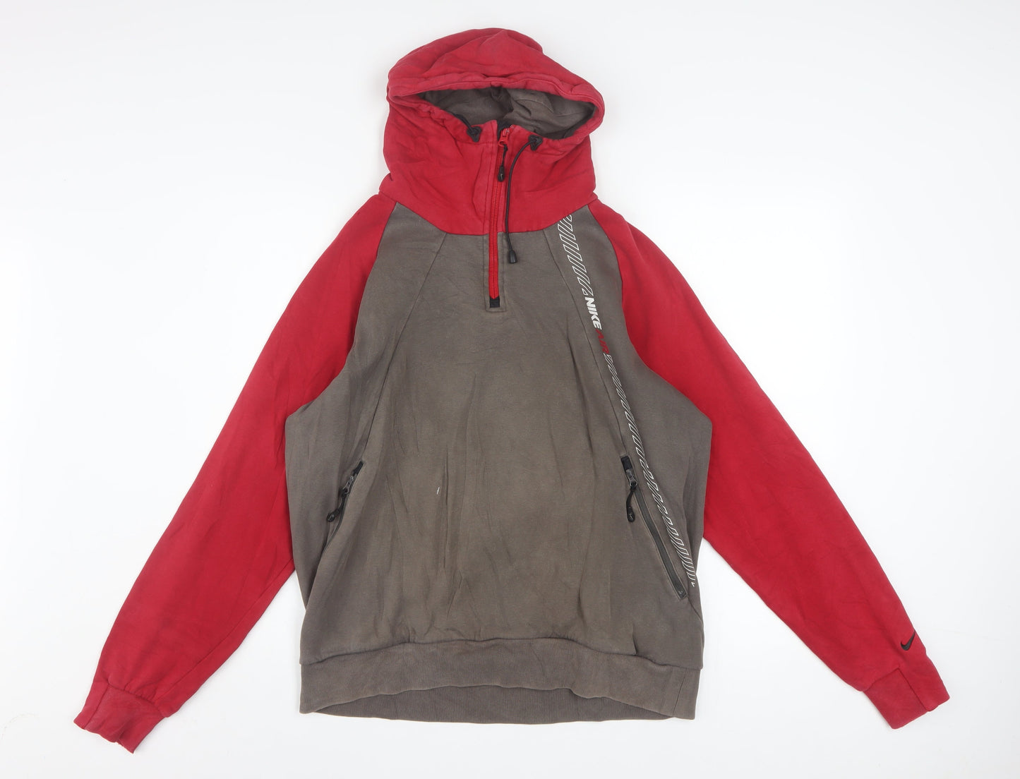 Nike Men's Red Grey 1/2 Zip Hoodie Medium Cotton Blend Athletic Dept