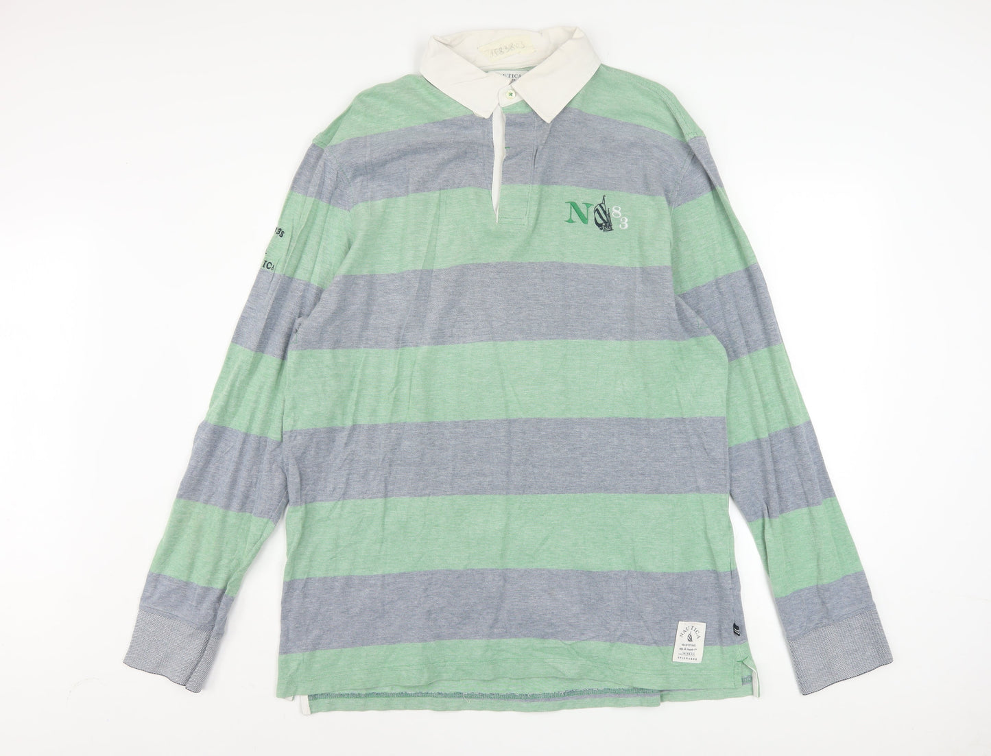 Nautica Men's Green Striped Cotton Rugby Long Sleeve Shirt XL