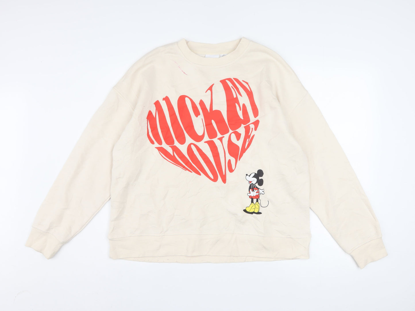 Disney Women Beige Mickey Mouse Pullover Sweatshirt M 12/14 Graphic Print