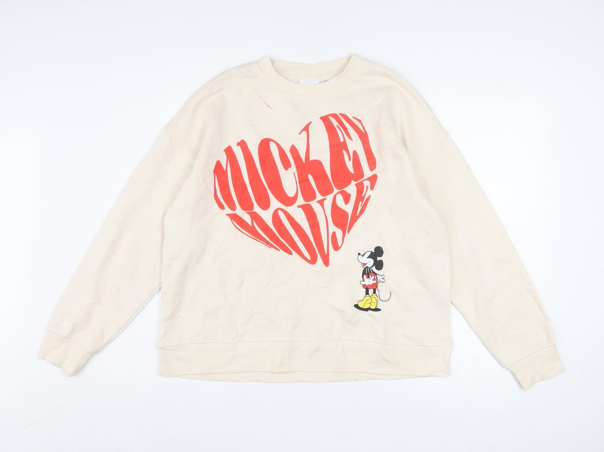 Disney Women Beige Mickey Mouse Pullover Sweatshirt M 12/14 Graphic Print