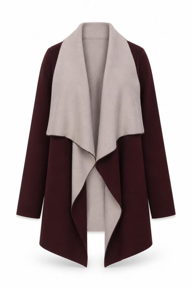 Gallery Women's Burgundy & Beige Open Front Long Sleeve Cardigan S