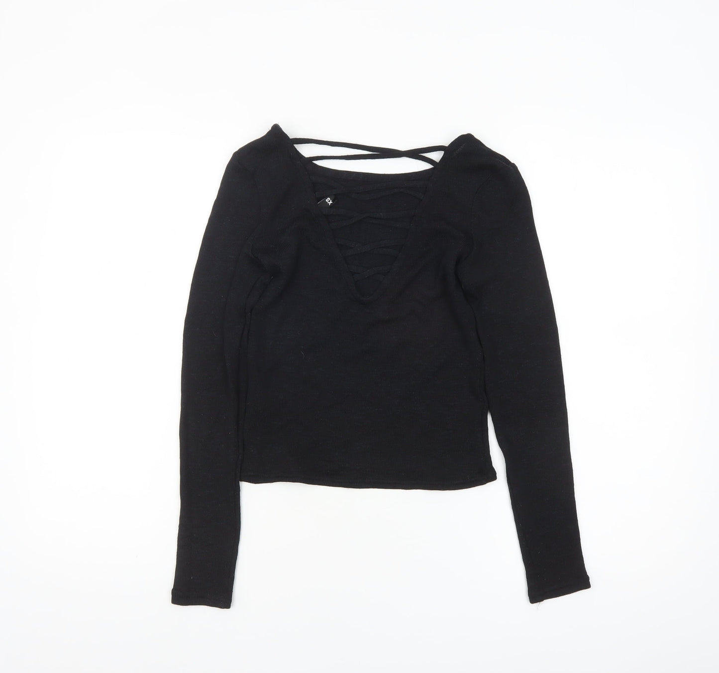 H&M Divided Womens Black XS Cropped Long Sleeve V-Neck Top