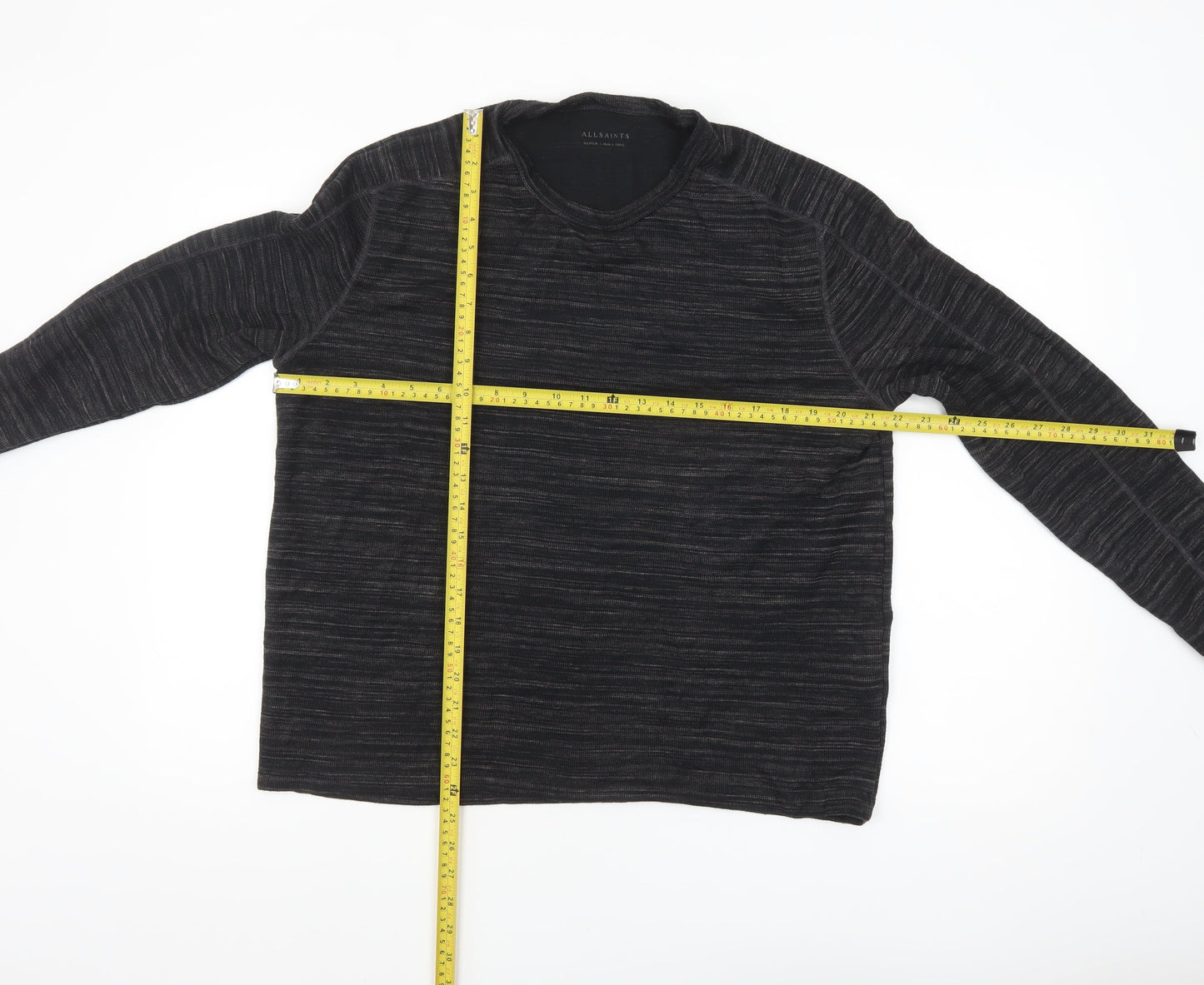 AllSaints Men’s Black Long Sleeve Cotton Blend Crew Neck Top Medium