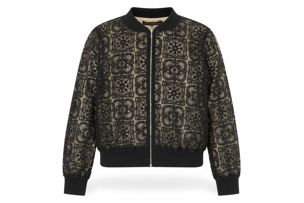 QED London Women’s Black Lace Bomber Jacket Lined Zip L Size