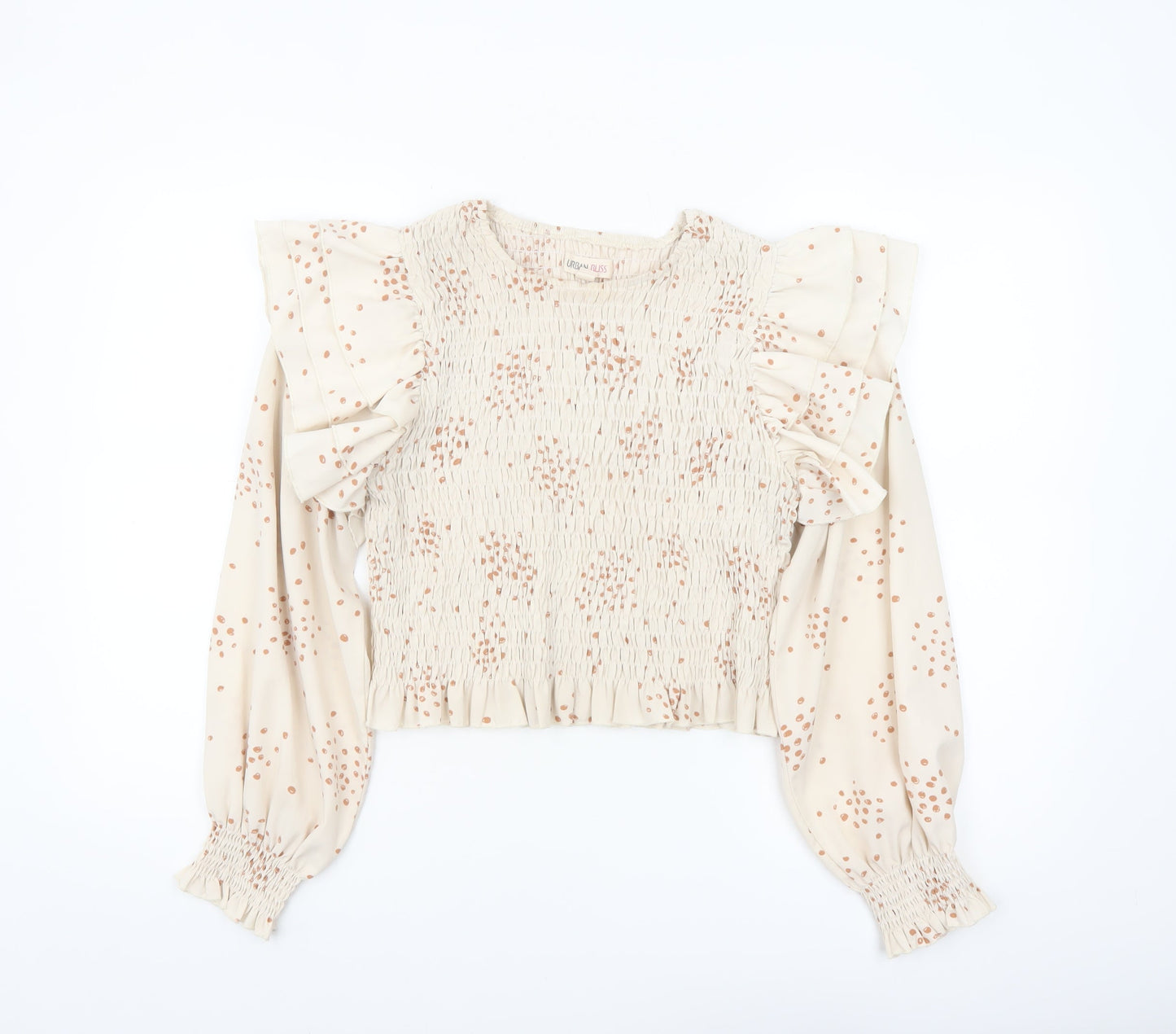 Urban Bliss Women's Beige Polka Dot Ruffle Long Sleeve Cropped Blouse Size 16
