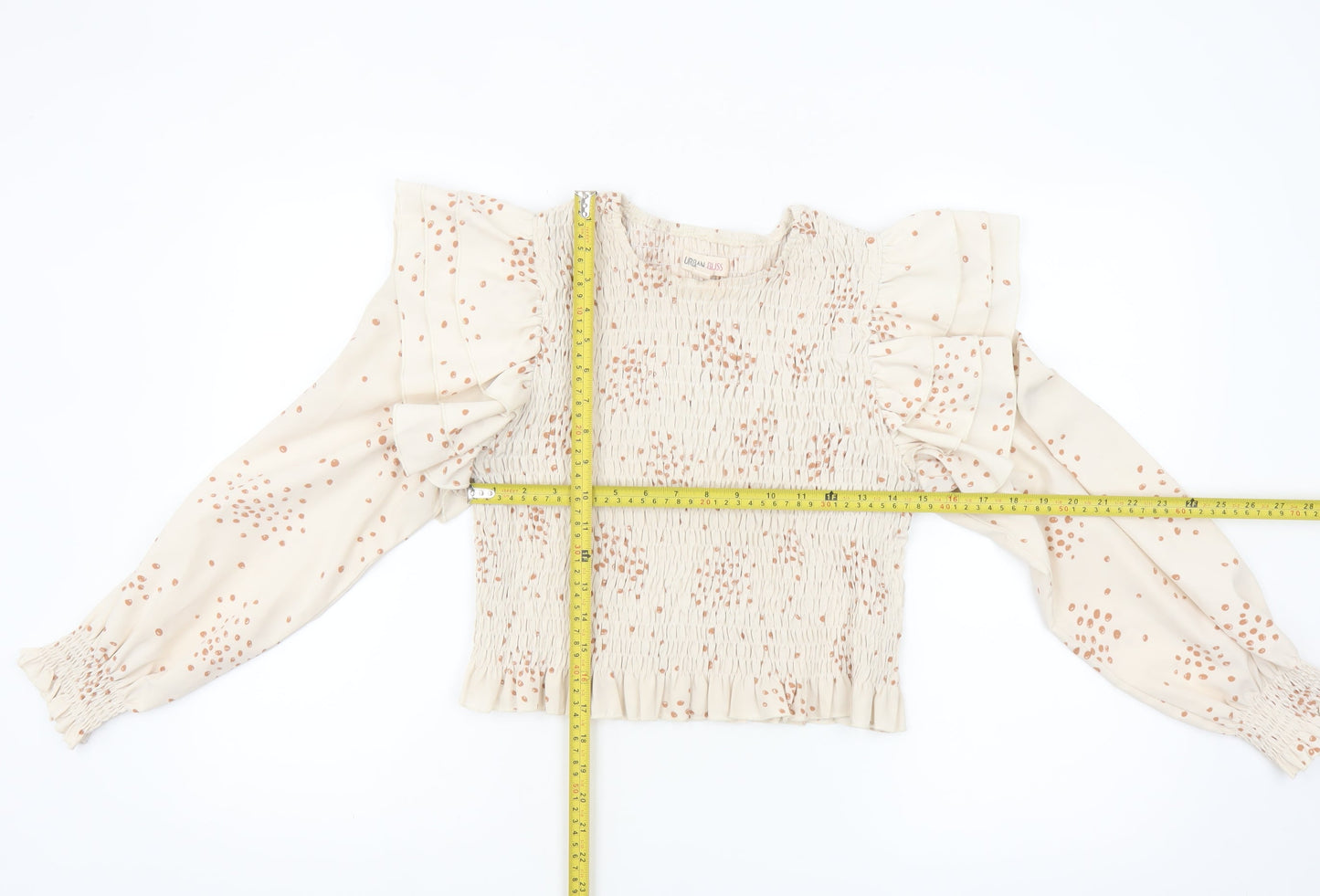 Urban Bliss Women's Beige Polka Dot Ruffle Long Sleeve Cropped Blouse Size 16