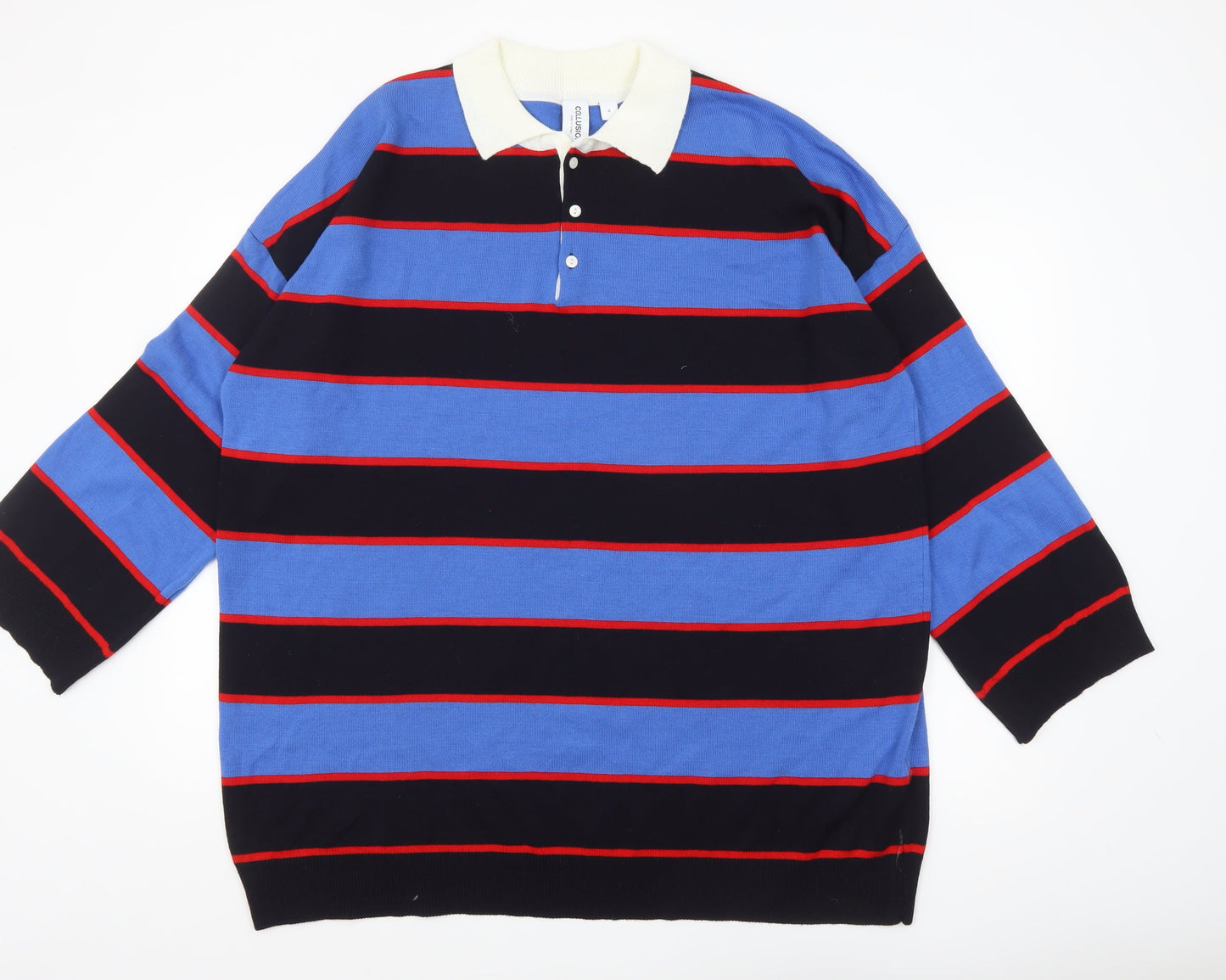 Collusion Men's Blue Striped Collared Henley Jumper Size M