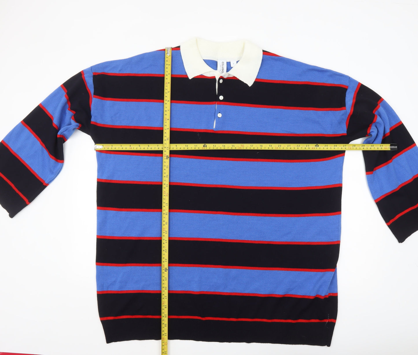 Collusion Men's Blue Striped Collared Henley Jumper Size M
