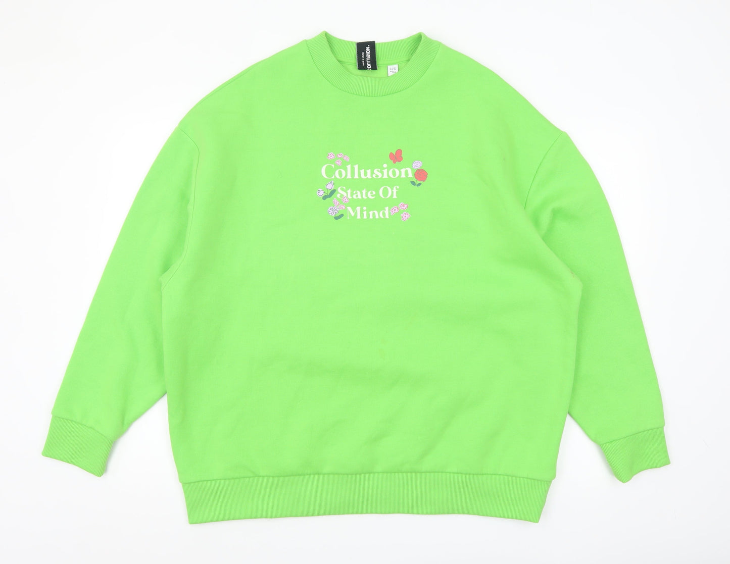 Collusion Women's Green Pullover Sweatshirt UK 12 Graphic Print Crew Neck