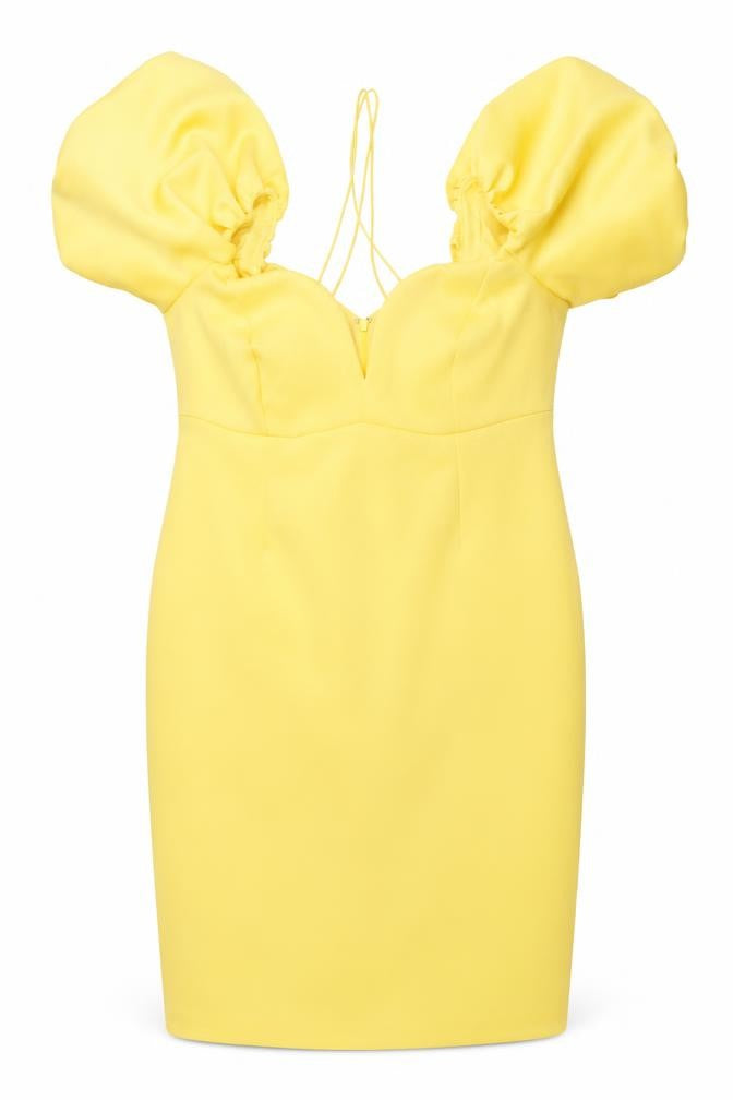 Front view of ASOS Women Yellow Puff Sleeve Bodycon Dress UK 10 Midi Party Style