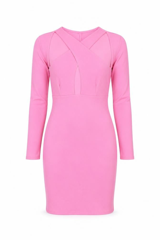 Front view of ASOS Women’s Pink Bodycon Mini Dress, size UK 10, Long Sleeve V-Neck