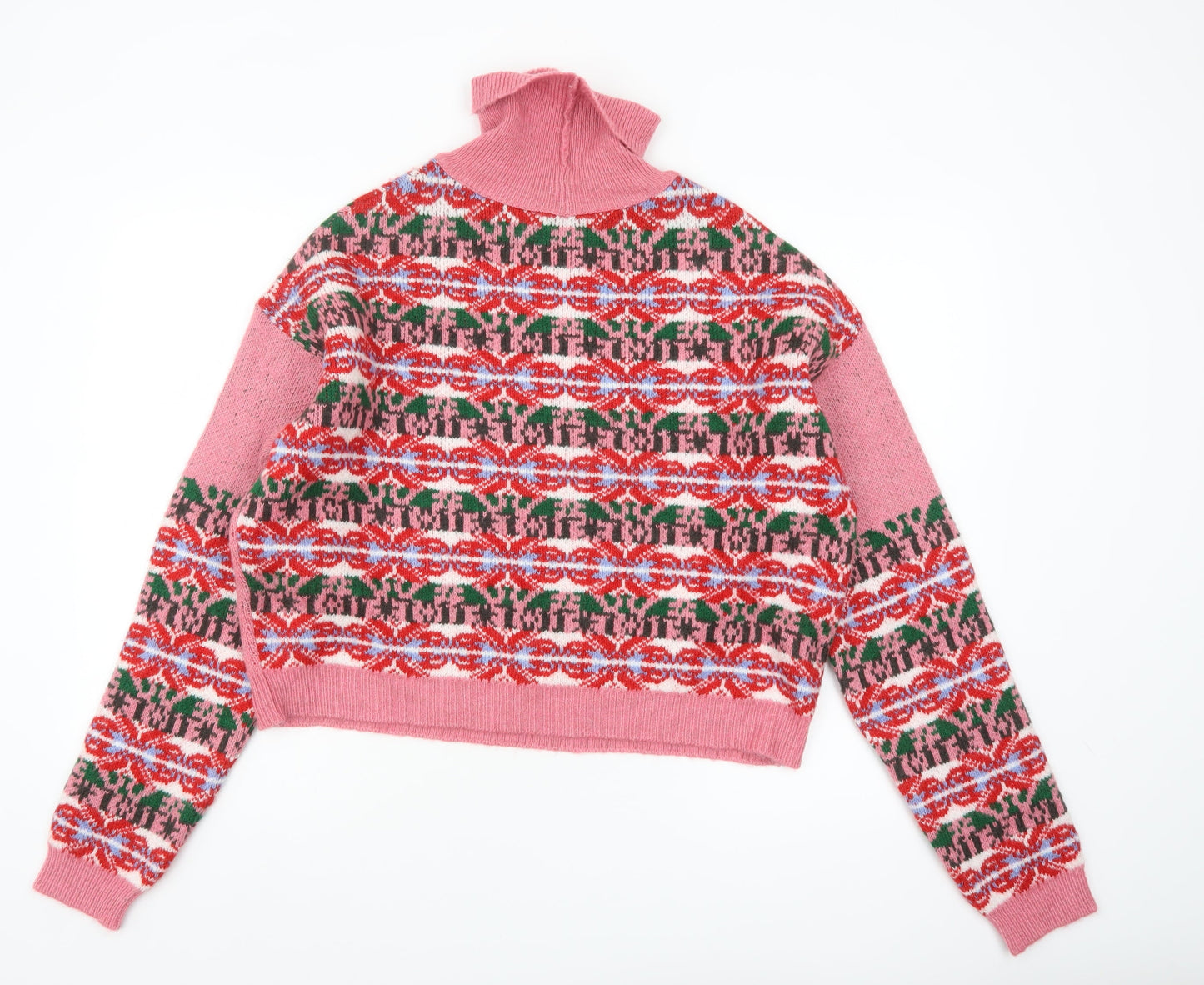 ASOS Womens Pink Fair Isle Roll Neck Jumper Size 10 Winter Knit