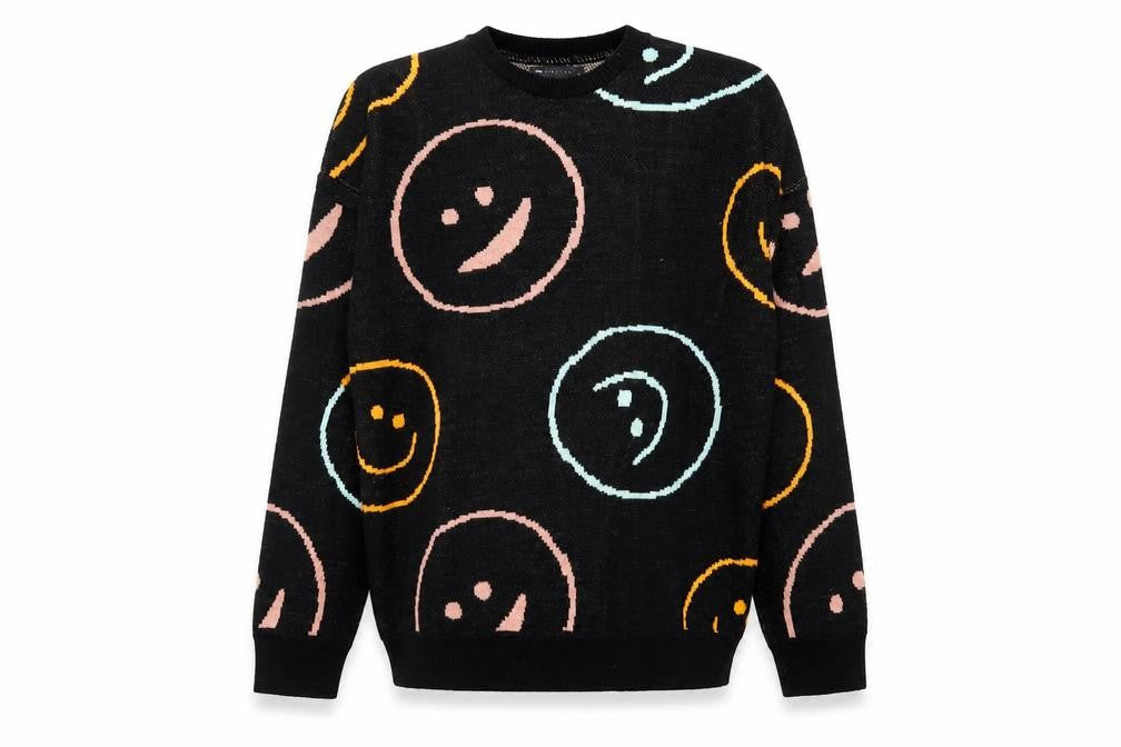 ASOS Men’s Black Graphic Smiley Knit Jumper XS Crew Neck Acrylic