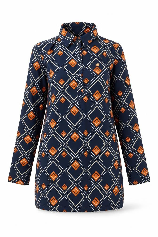 Zara Women Blue Geometric Shift Dress Size S Long Sleeve Retro Style