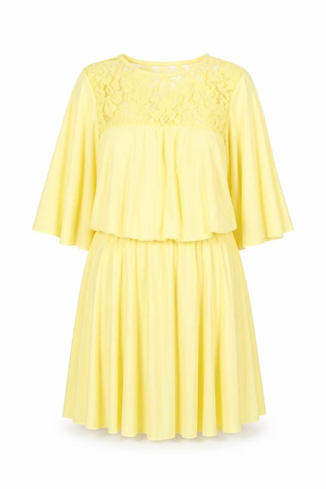 Front view of ASOS Women’s Yellow Lace Fit & Flare Dress, size UK 8, 3/4 Sleeve
