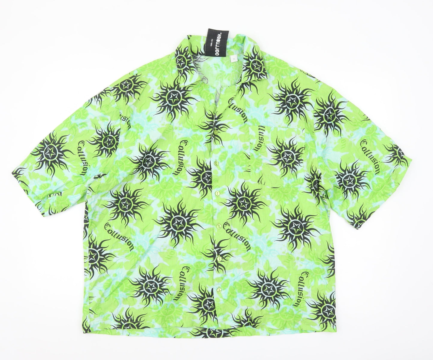 Collusion Men's Green Graphic Print Short Sleeve Button-Up Shirt Size M