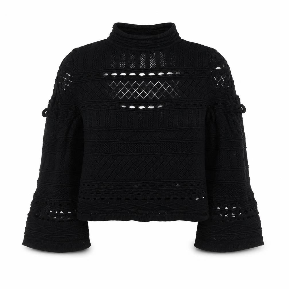 Topshop Women Black Crochet Cropped High Neck Blouse Size 10