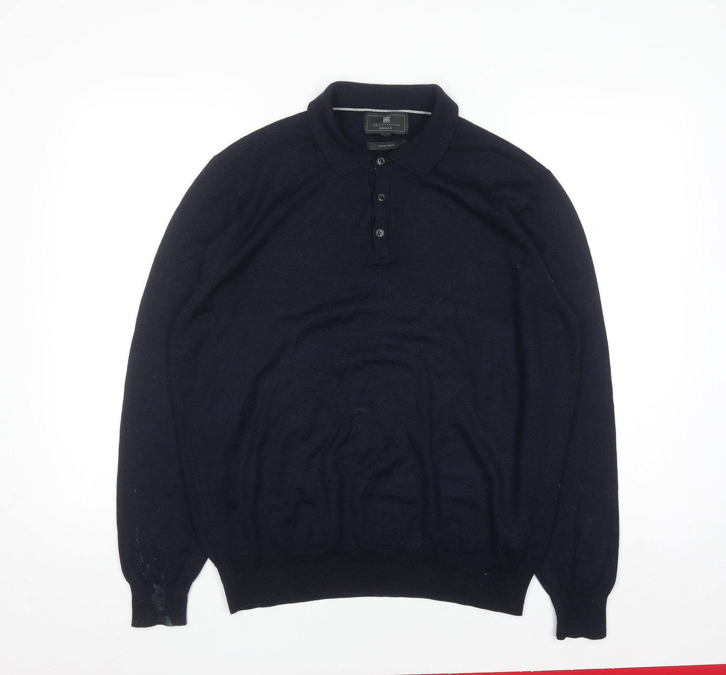 Marks and Spencer Men's Blue Wool Blend Collared Henley Jumper XL