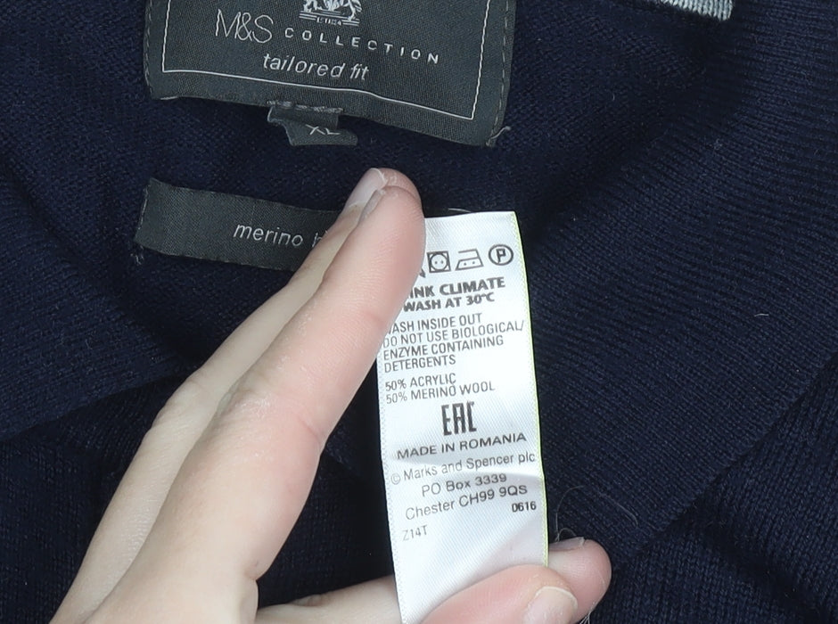 Marks and Spencer Men's Blue Wool Blend Collared Henley Jumper XL