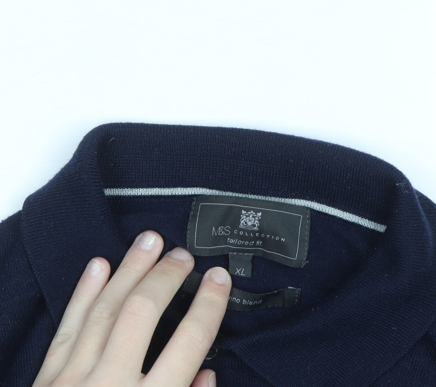 Marks and Spencer Men's Blue Wool Blend Collared Henley Jumper XL