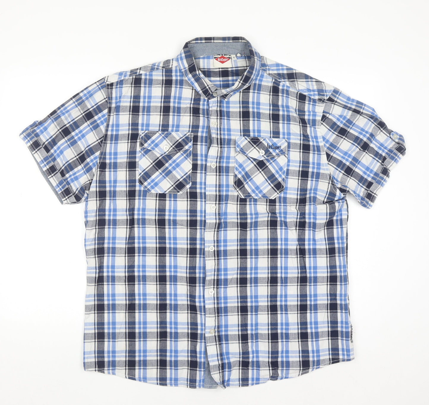 Lee Cooper Men's Blue Check Short Sleeve Cotton Polo Shirt XL