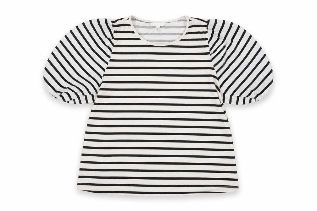 H&M Women Black Striped Puff Sleeve Jersey T-Shirt Size 16