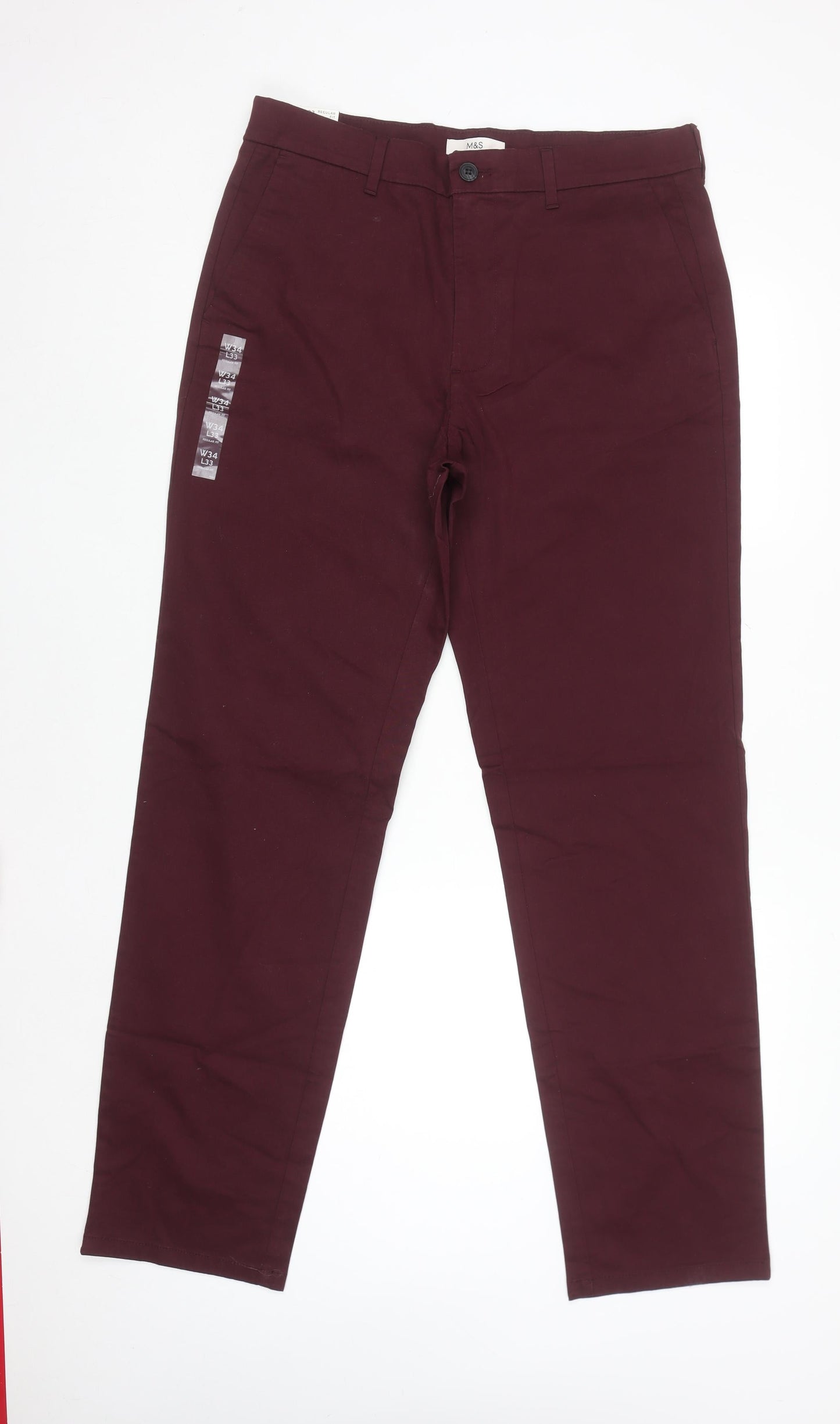 Marks and Spencer Men’s Red Chino Trousers 34W 33L Regular Fit