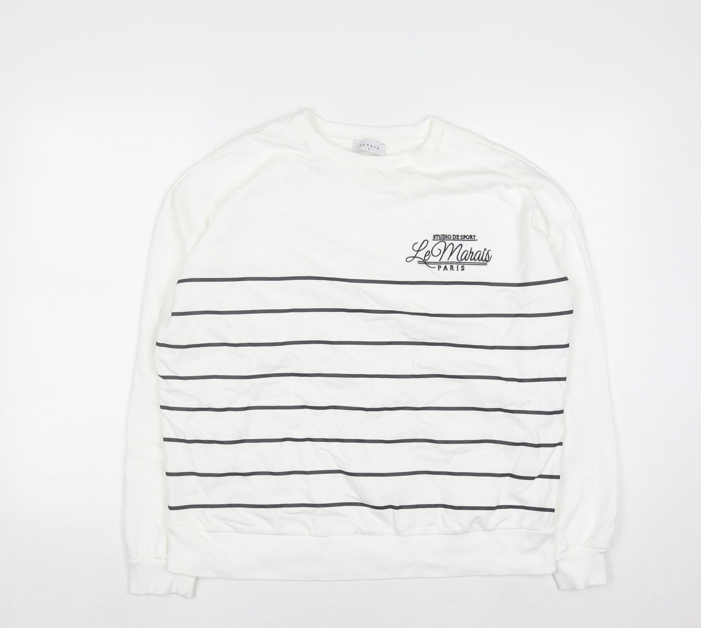 Papaya Womens White Striped Crew Neck Pullover Sweatshirt M