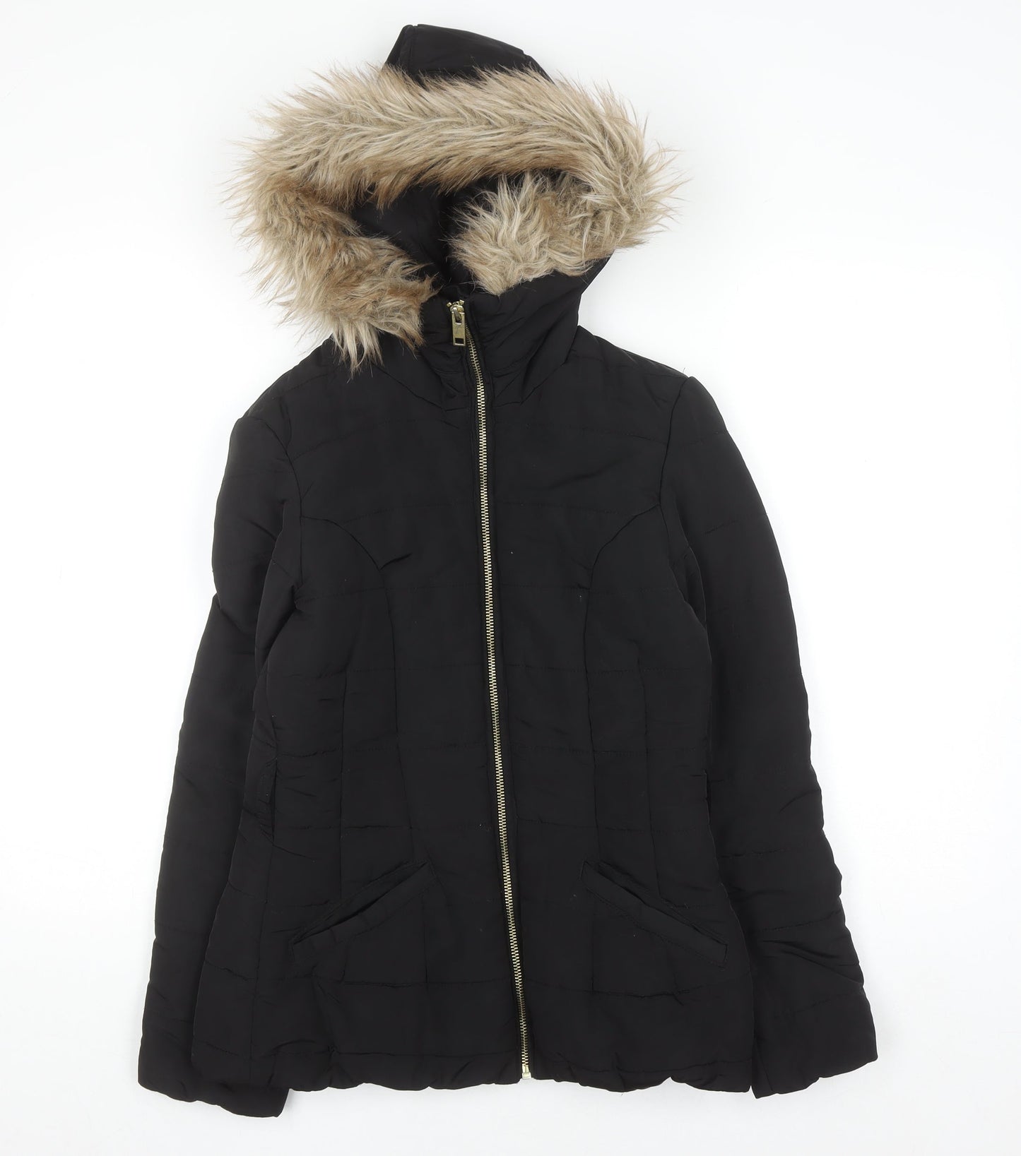 H&M Women's Black Faux Fur Hooded Puffer Jacket Size 6