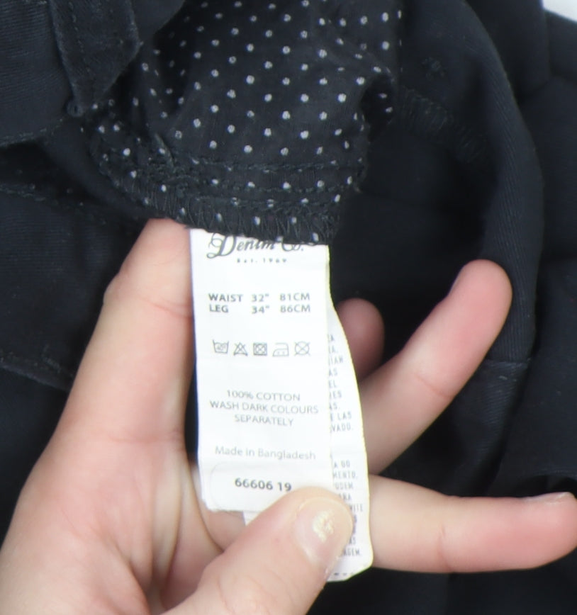Denim Co. Men's Black Chino Trousers 32W 34L Regular Fit Cotton