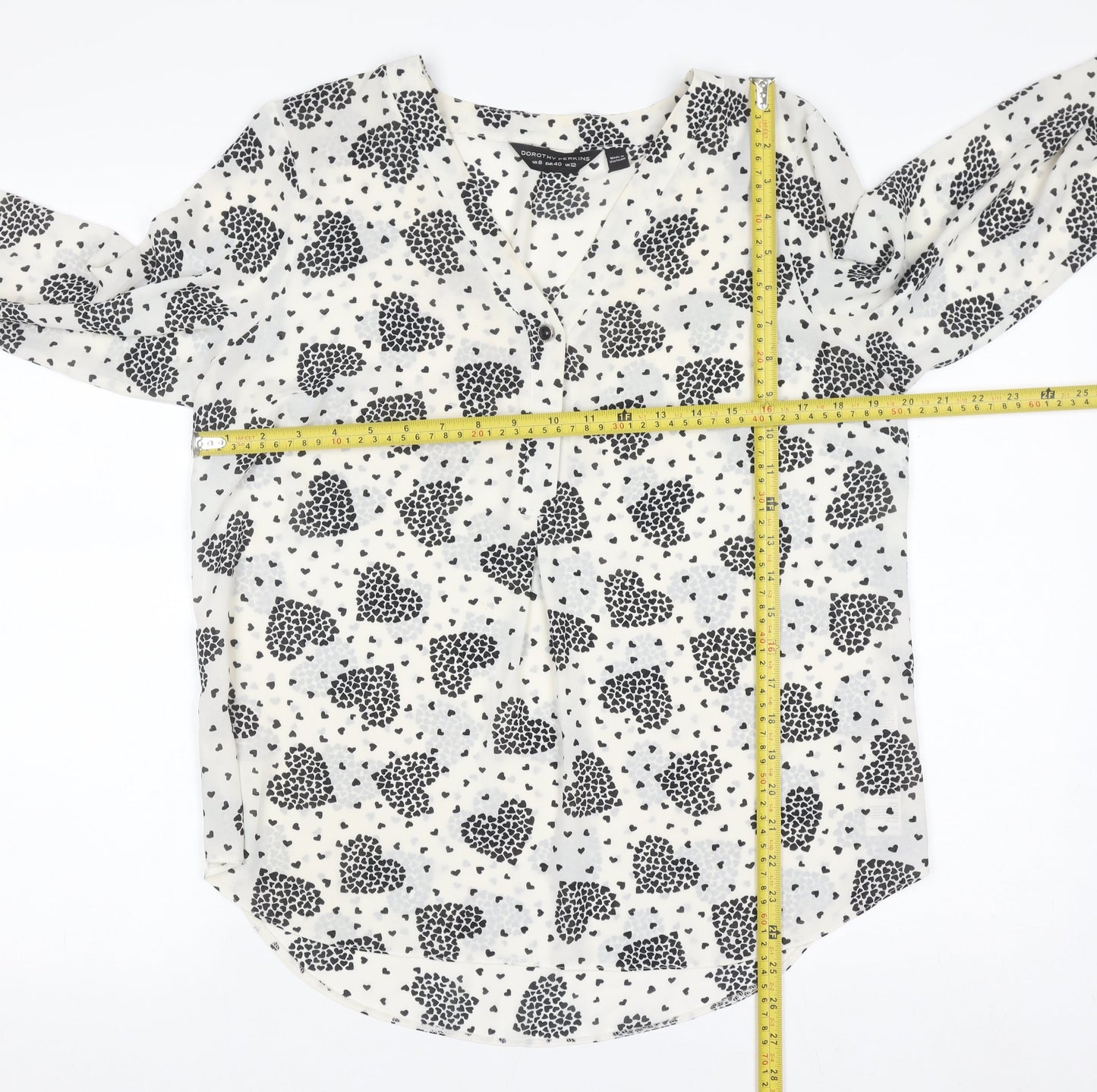 Dorothy Perkins Women White Heart Print Long Sleeve V-Neck Blouse Size 12
