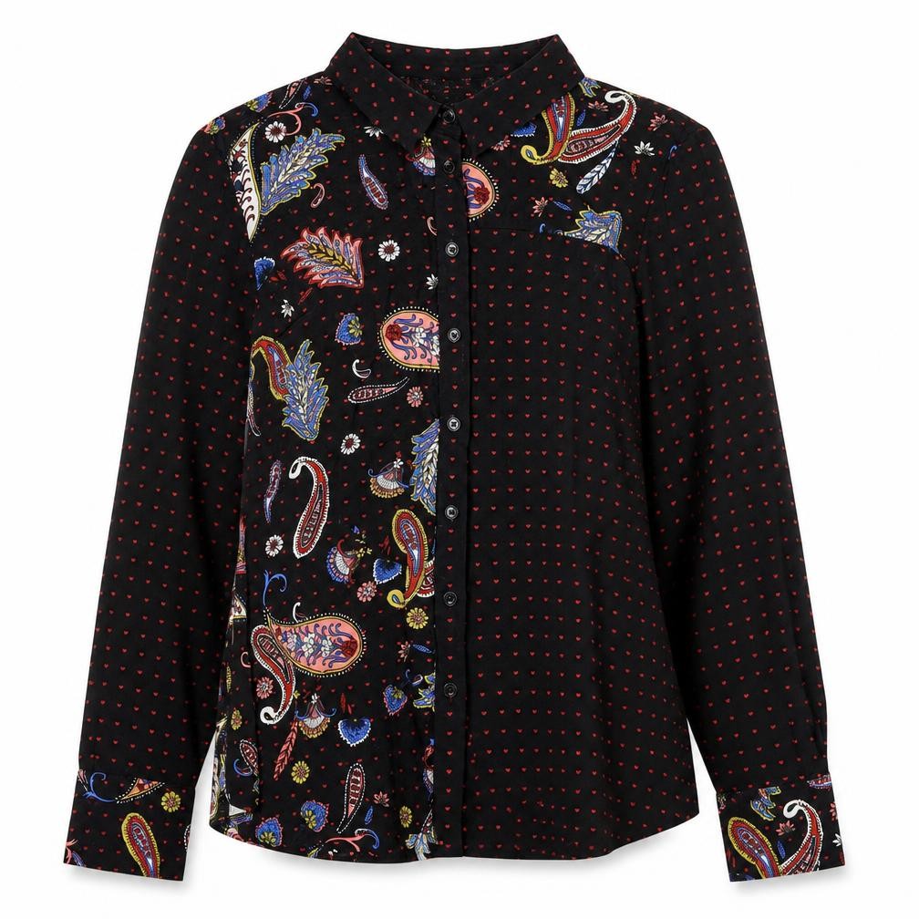 Warehouse Women's Black Paisley Long Sleeve Button-Up Shirt Size 14