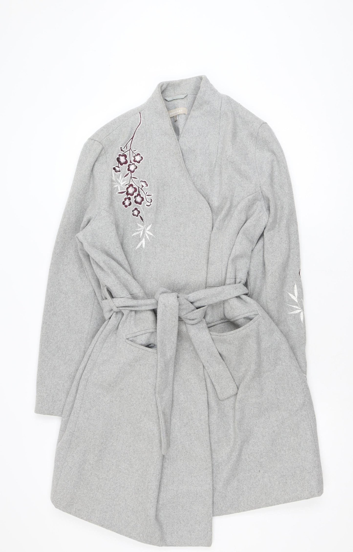 Anthology Women’s Grey Embroidered Belted Wool Blend Trench Coat Size 12
