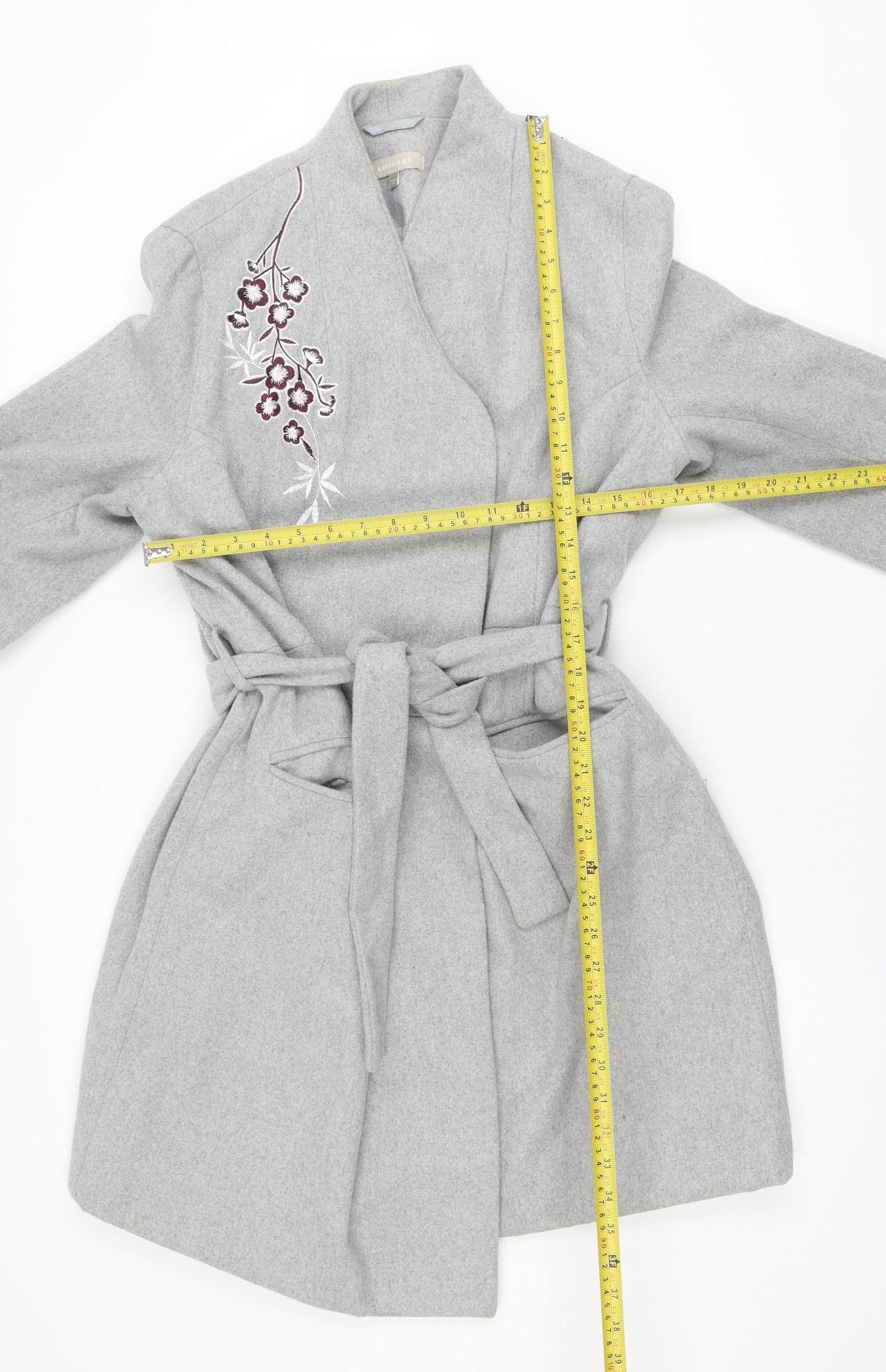 Anthology Women’s Grey Embroidered Belted Wool Blend Trench Coat Size 12