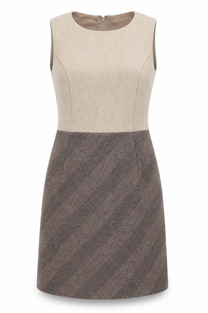 Hobbs Women Beige Wool Check Sheath Dress UK 12 Workwear