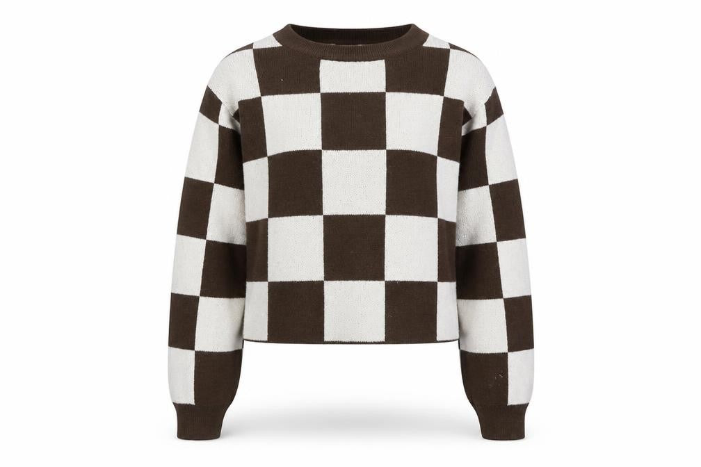H&M Teens Brown & Beige Checkered Crew Neck Acrylic Jumper Size 12-14Y