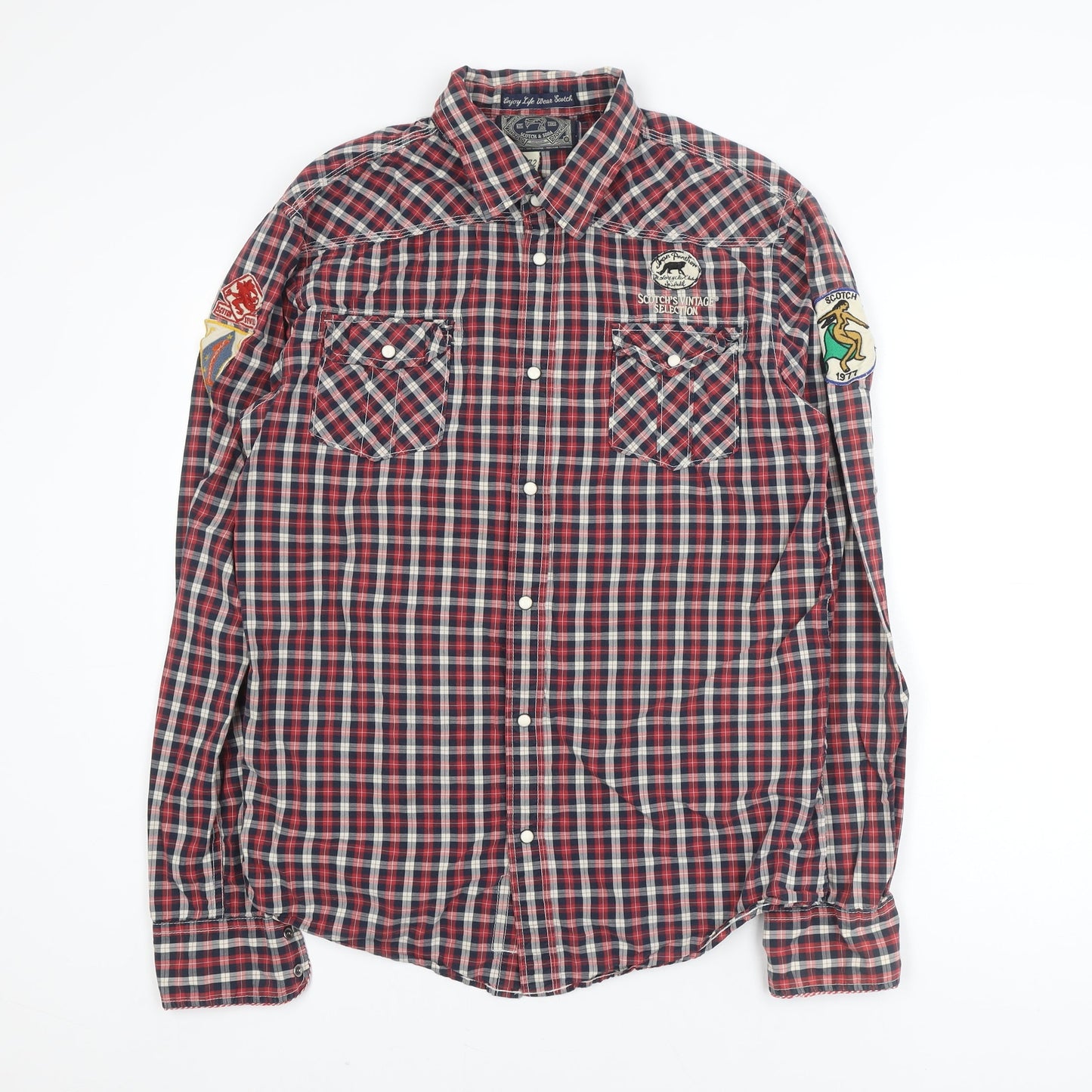 Scotch & Soda Men's Red Check Military Embroidered Button-Up Shirt XL