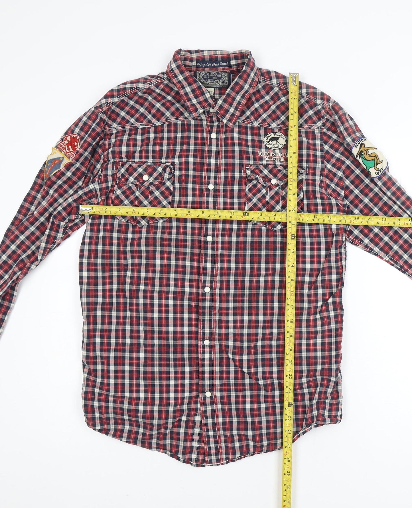 Scotch & Soda Men's Red Check Military Embroidered Button-Up Shirt XL