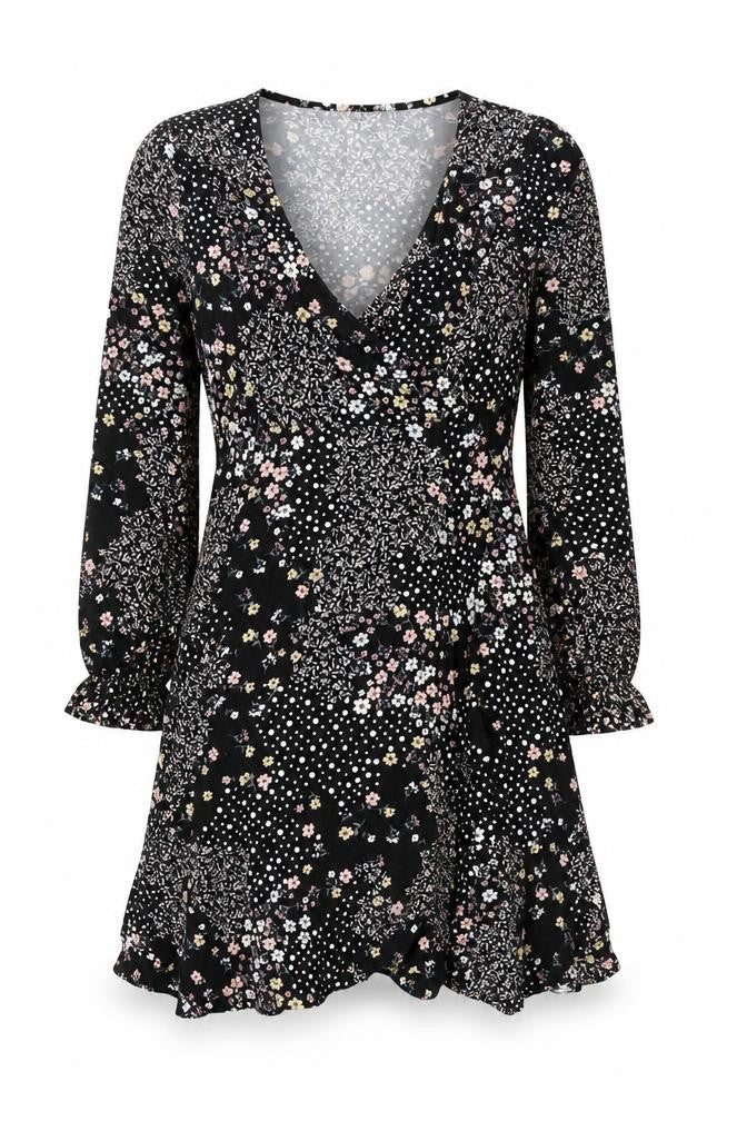 Wallis Petite Black Floral Wrap Dress UK 12 Long Sleeve V-Neck