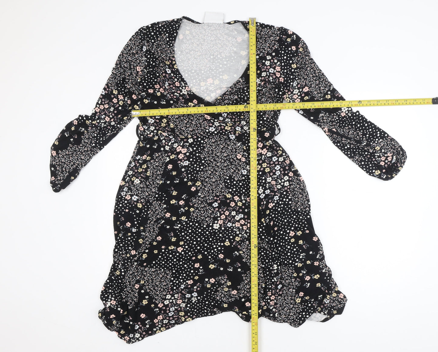 Wallis Petite Black Floral Wrap Dress UK 12 Long Sleeve V-Neck