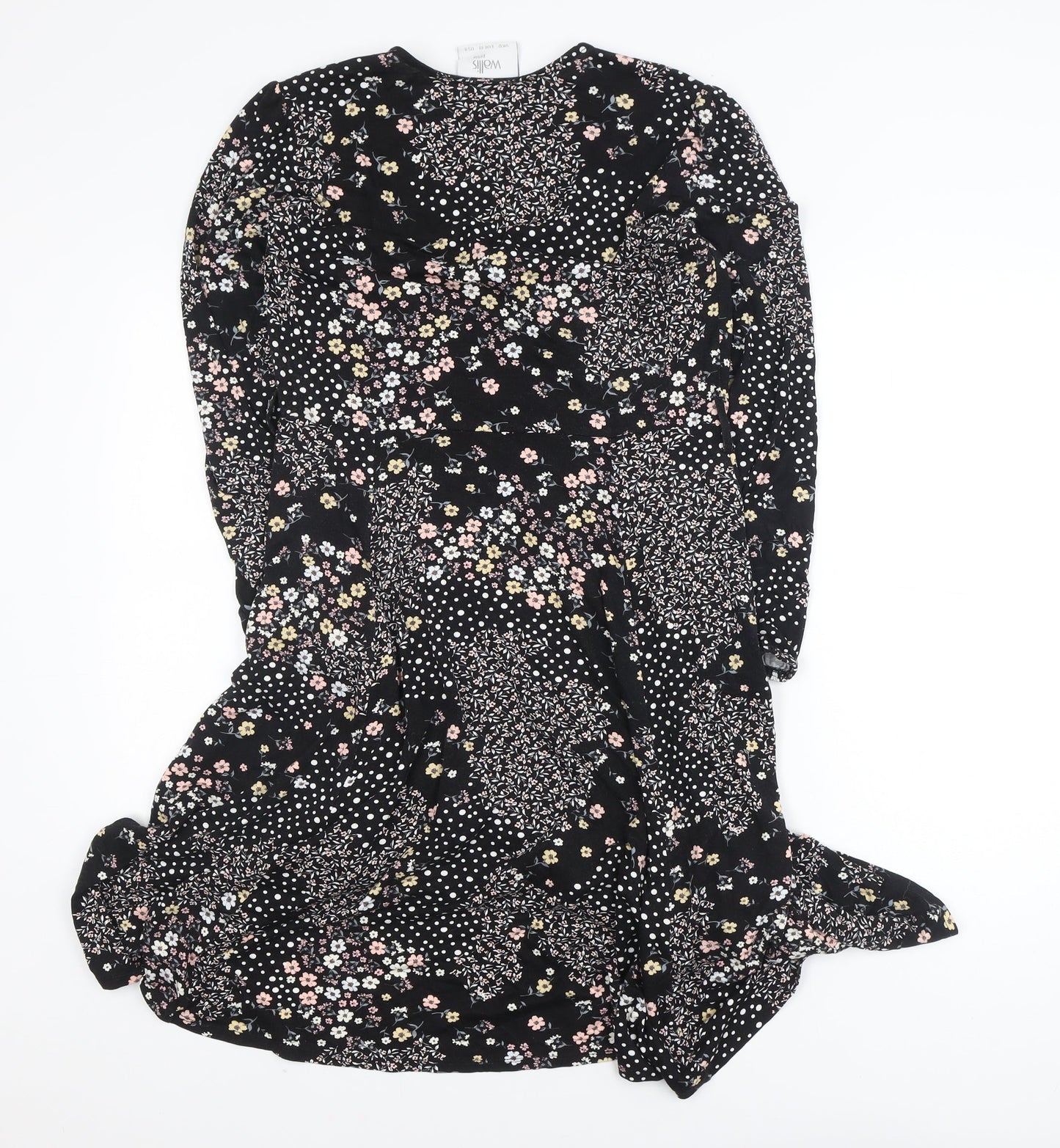 Wallis Petite Black Floral Wrap Dress UK 12 Long Sleeve V-Neck