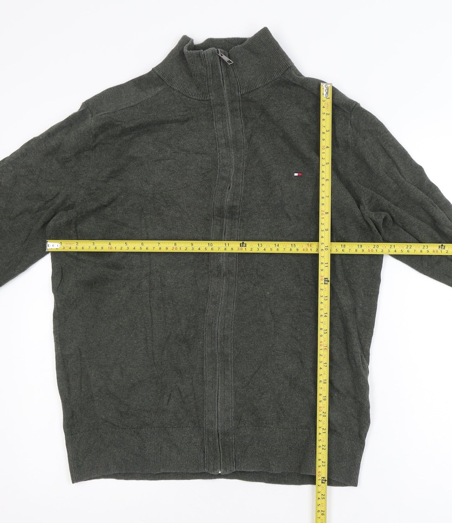 Tommy Hilfiger Men's Green Full Zip Cotton Cashmere Jumper L