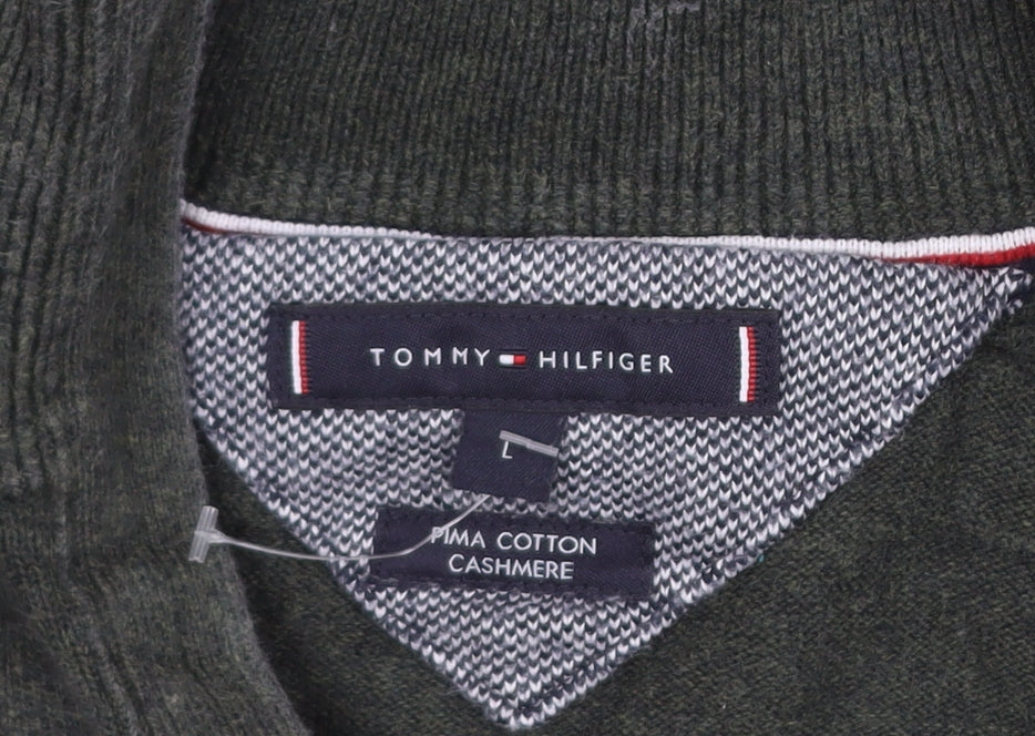 Tommy Hilfiger Men's Green Full Zip Cotton Cashmere Jumper L