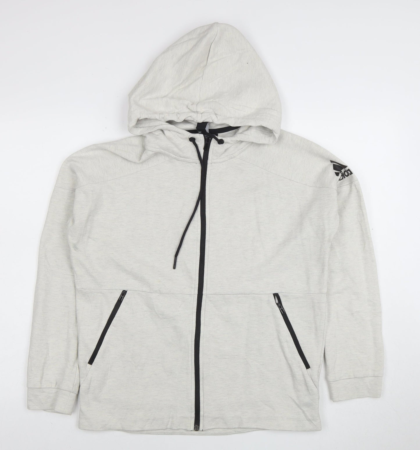 Adidas Women Grey Full Zip Hoodie Size 14 Cotton Blend Hooded Sweatshirt