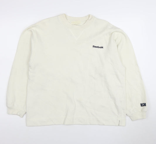 Reebok Men White Crew Neck Pullover Sweatshirt L Regular Fit